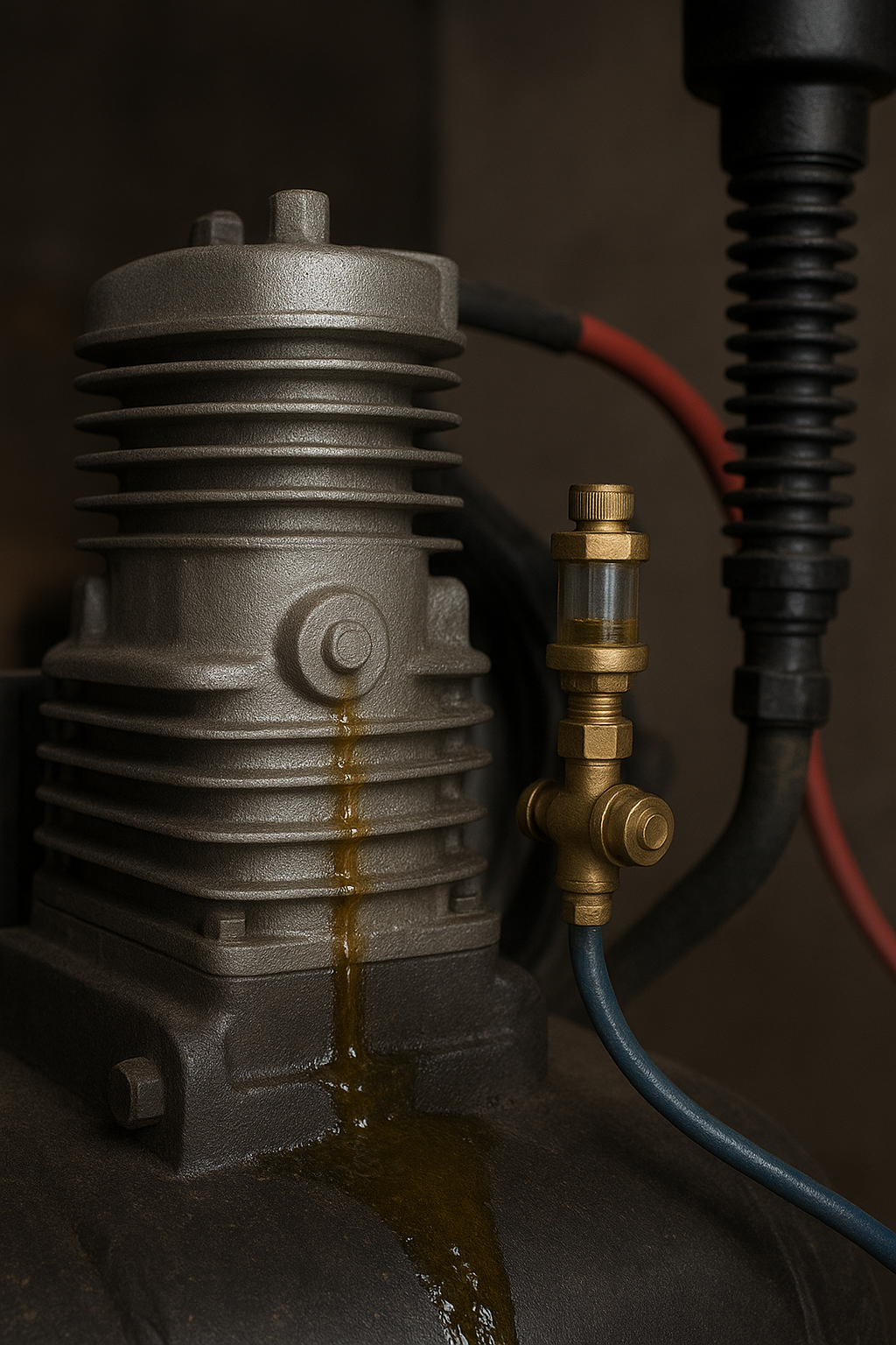 دلایل روغن‌ریزی کمپرسور پیستونی | علت نشتی روغن از لوله روغن‌ریز + راهکار تخصصی