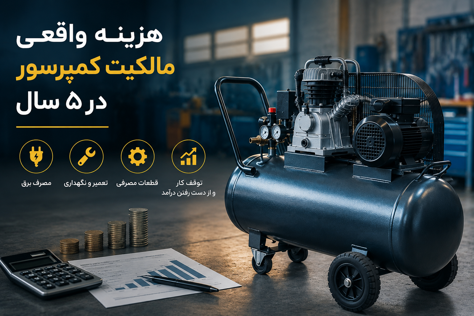 هزینه واقعی مالکیت کمپرسور در ۵ سال؛ آیا خرید کمپرسور ارزان واقعاً به‌صرفه است؟
